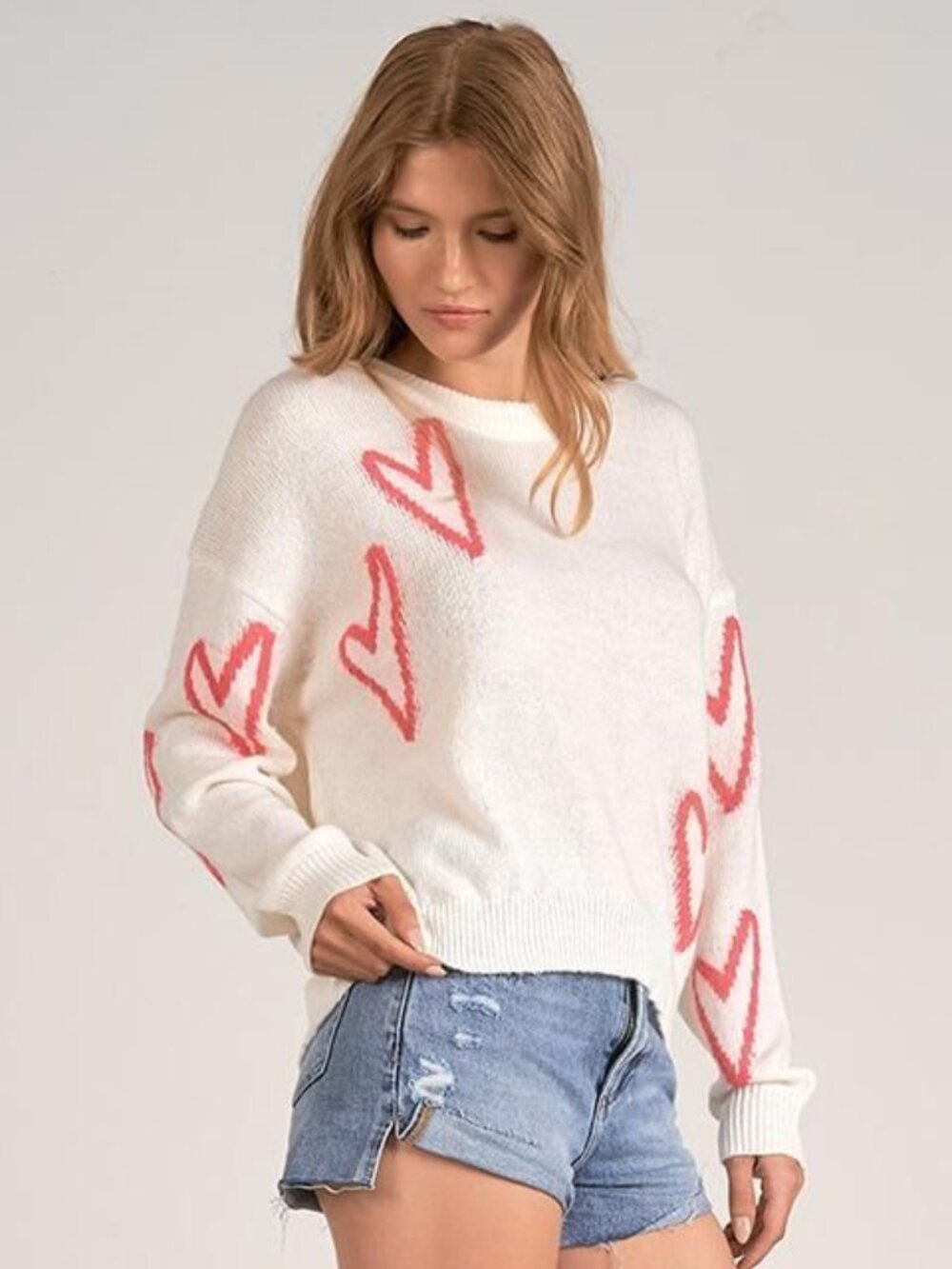 NWT Elan Women's Hearts Crewneck Knit Sweater in White & Red / Large